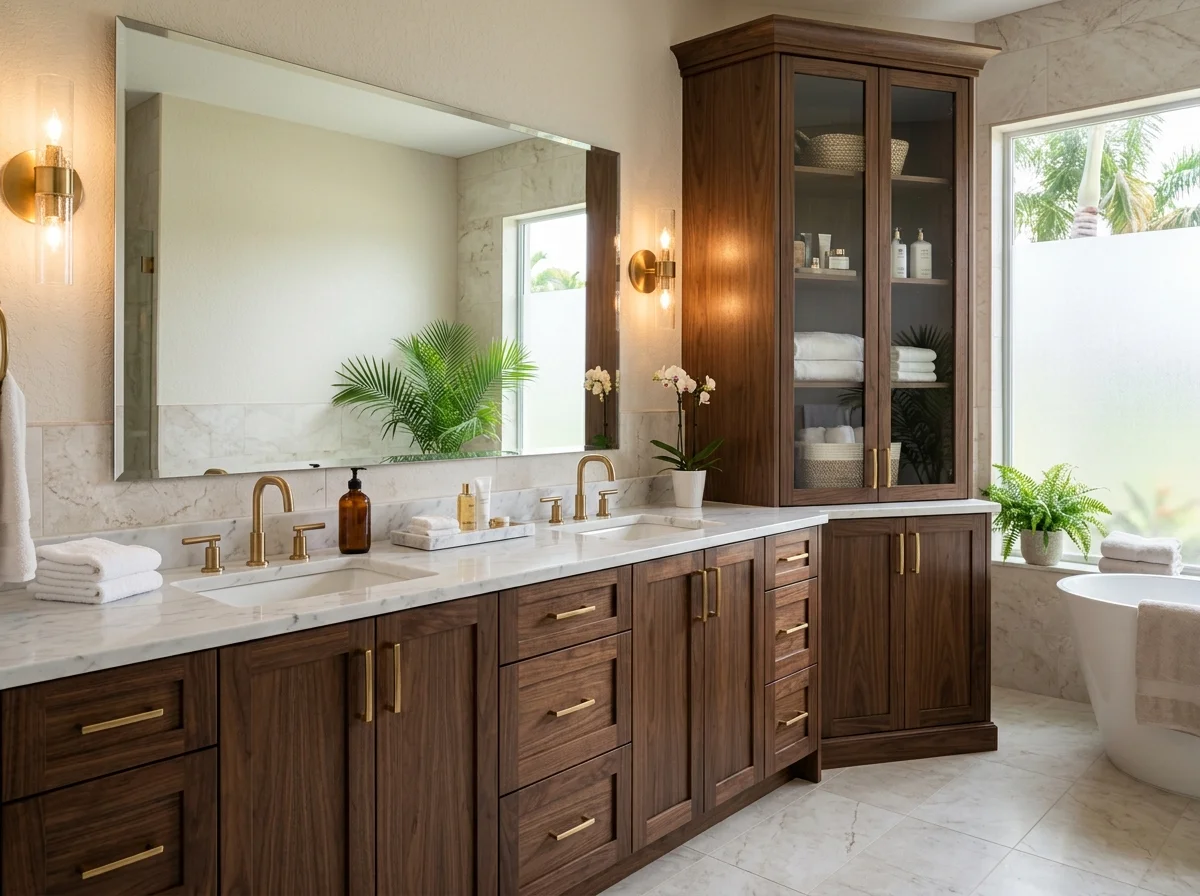 Custom bathroom storage with linen tower and pull-out drawers by EG Contractors in Naples, FL